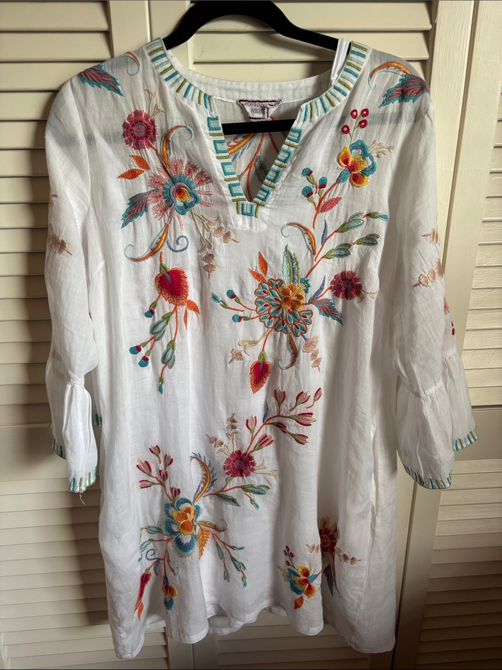 Johnny Was White Embroidered Floral Midi Tunic Dress